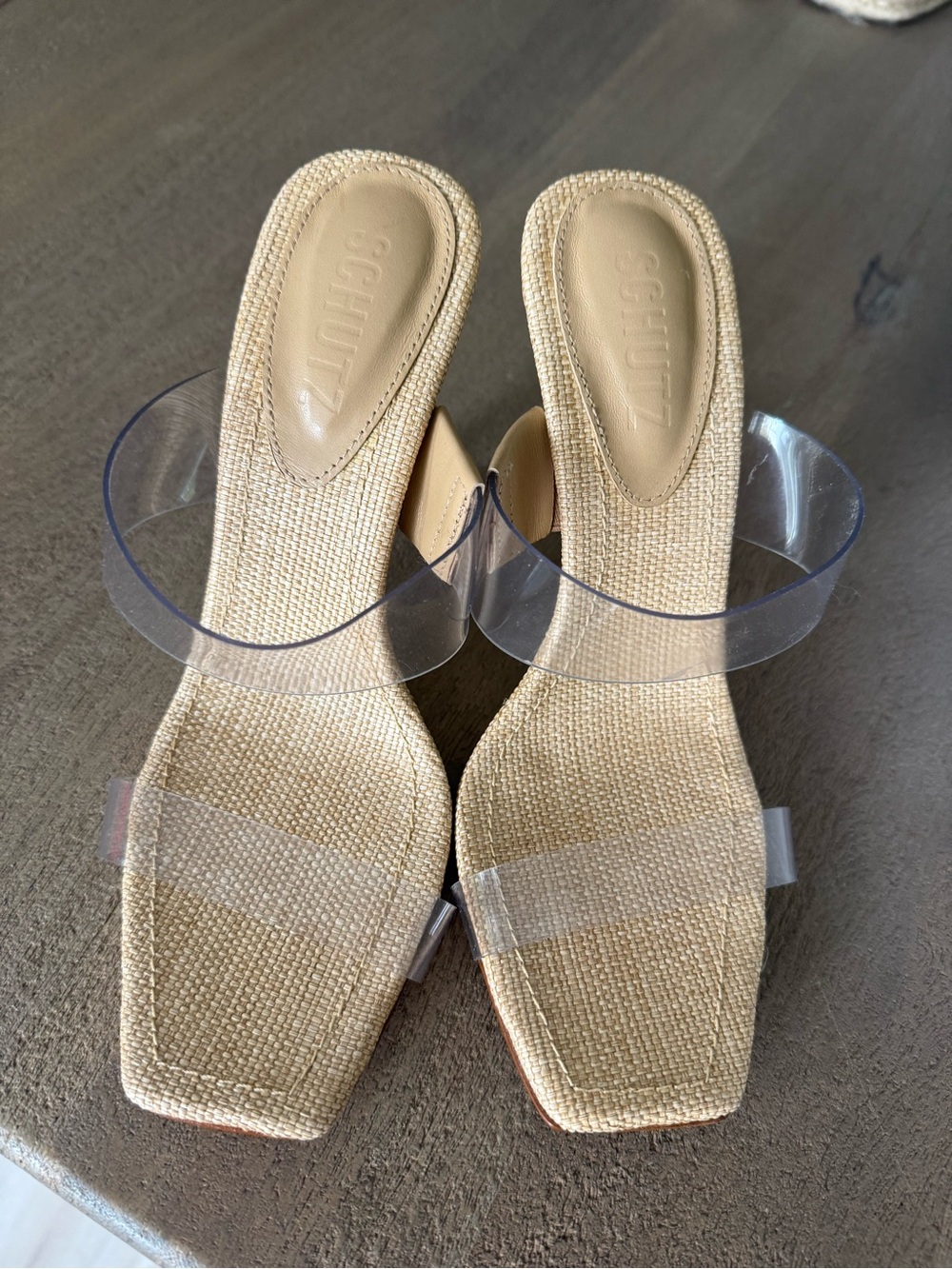 SCHUTZ Ariella Natural Raffia Slide Sandals with Clear Strap